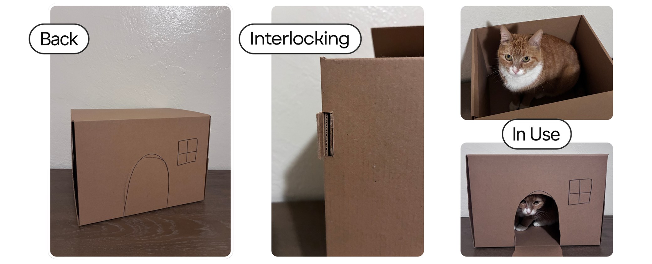 Box prototype photos: back with cat door cutout, interlocking edge, and a cat using the box