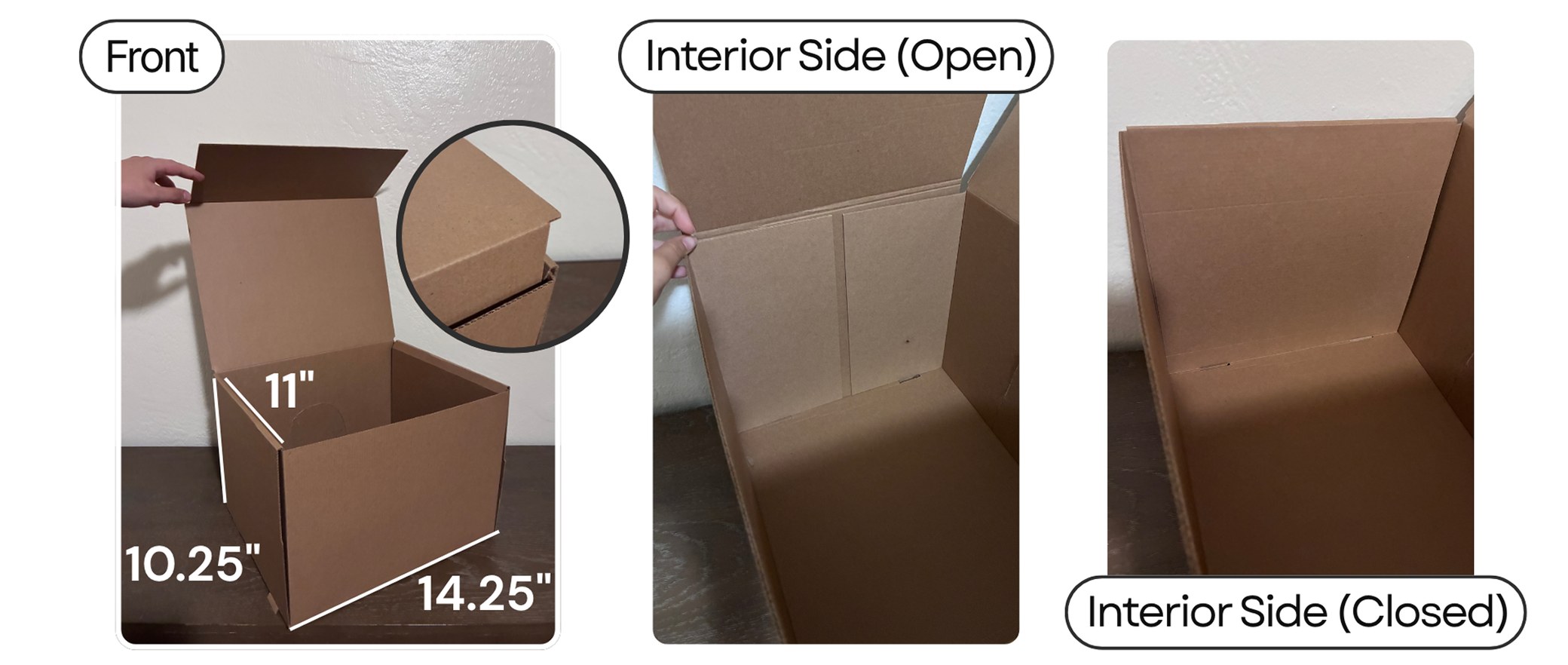 Box prototype photos: front open view, interior side open, and interior side closed