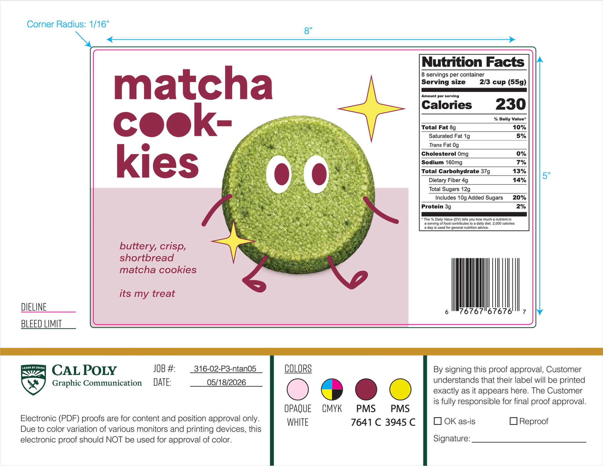 Print-ready matcha cookies food label proof sheet with nutrition facts and press marks