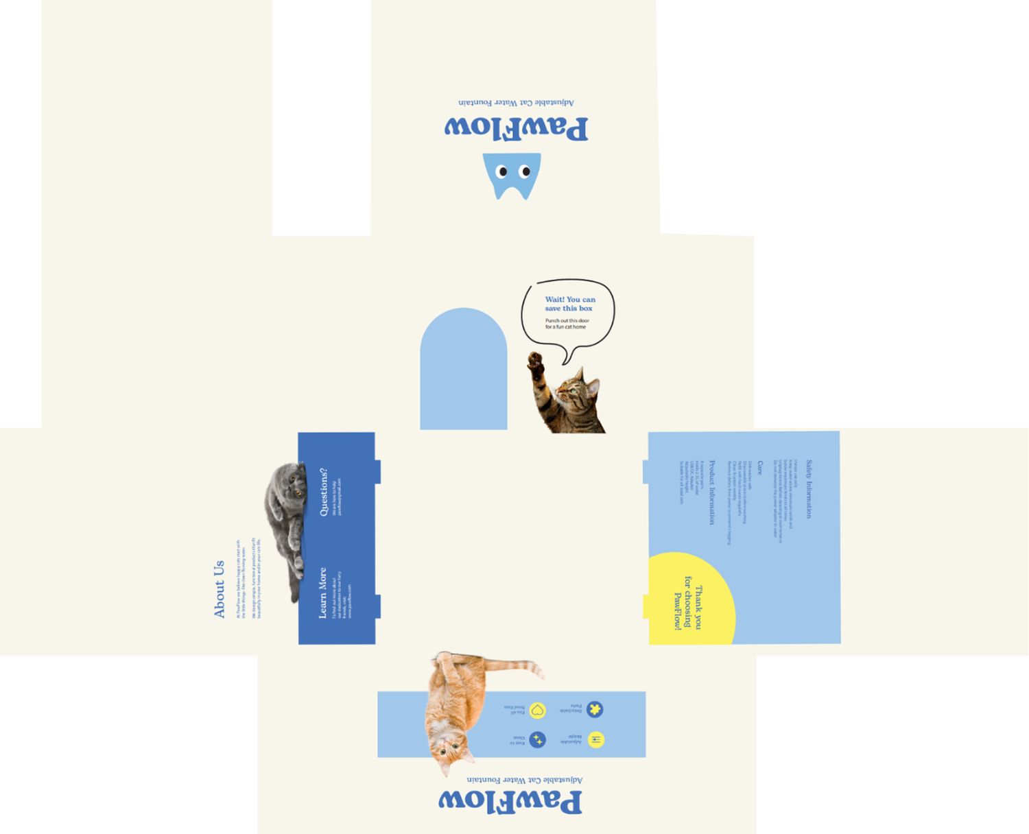 PawFlow packaging dieline mockup sheet with branding and copy
