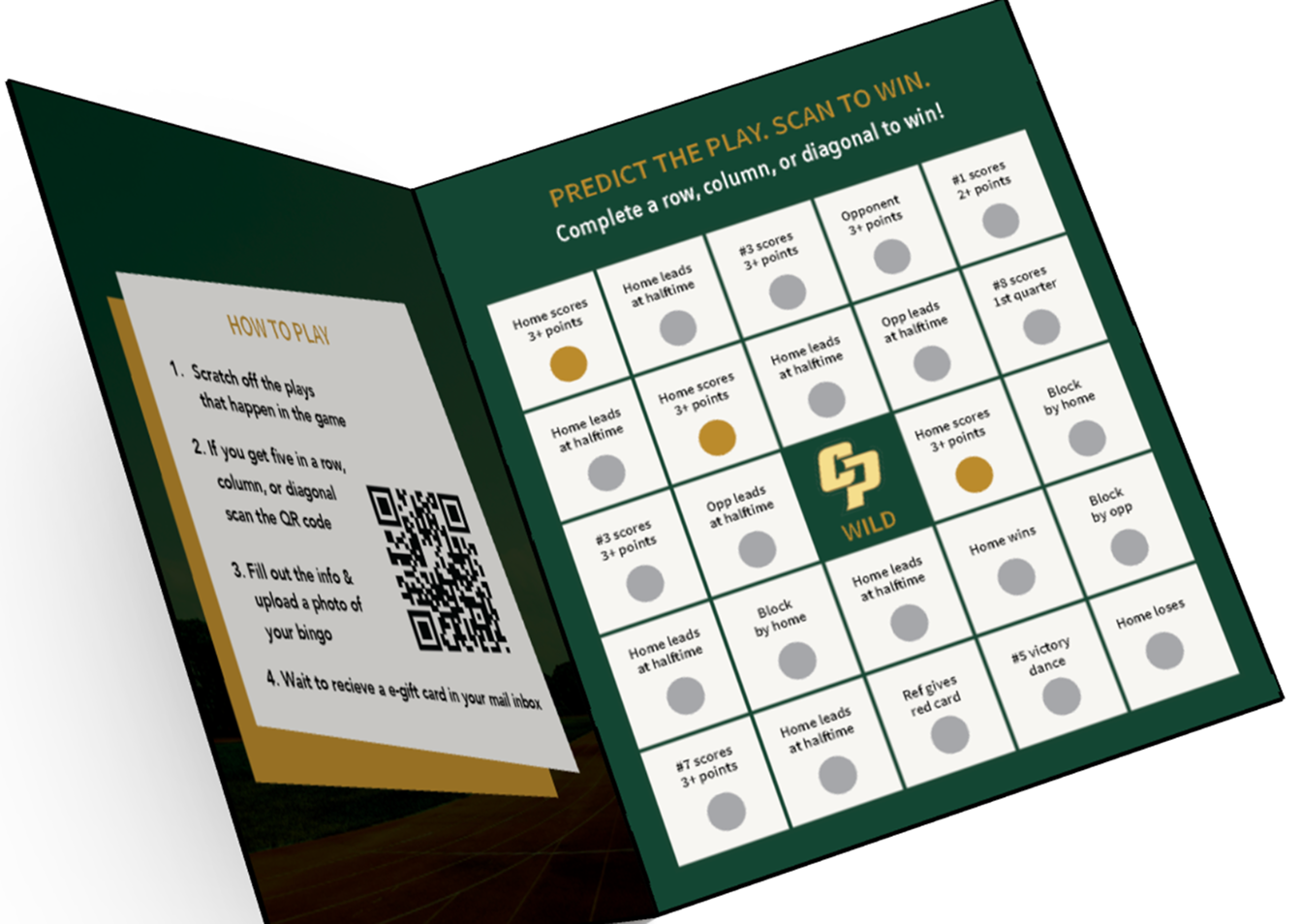 Mockup of the PolyPicks scratch card, open to show the game board and instructions