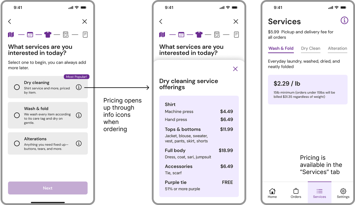 Three app screens showing pricing revealed through info icons and the Services tab