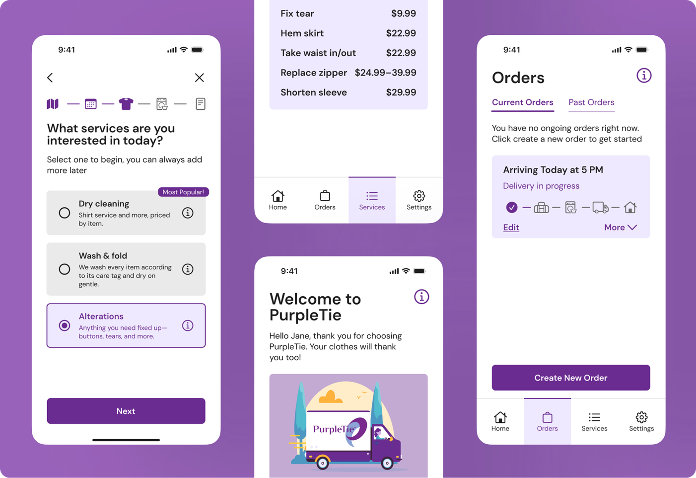 PurpleTie app screens shown across onboarding, ordering, and account flows
