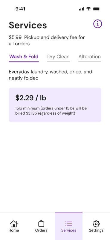 Preview of the PurpleTie interactive prototype — Services screen with pricing detail
